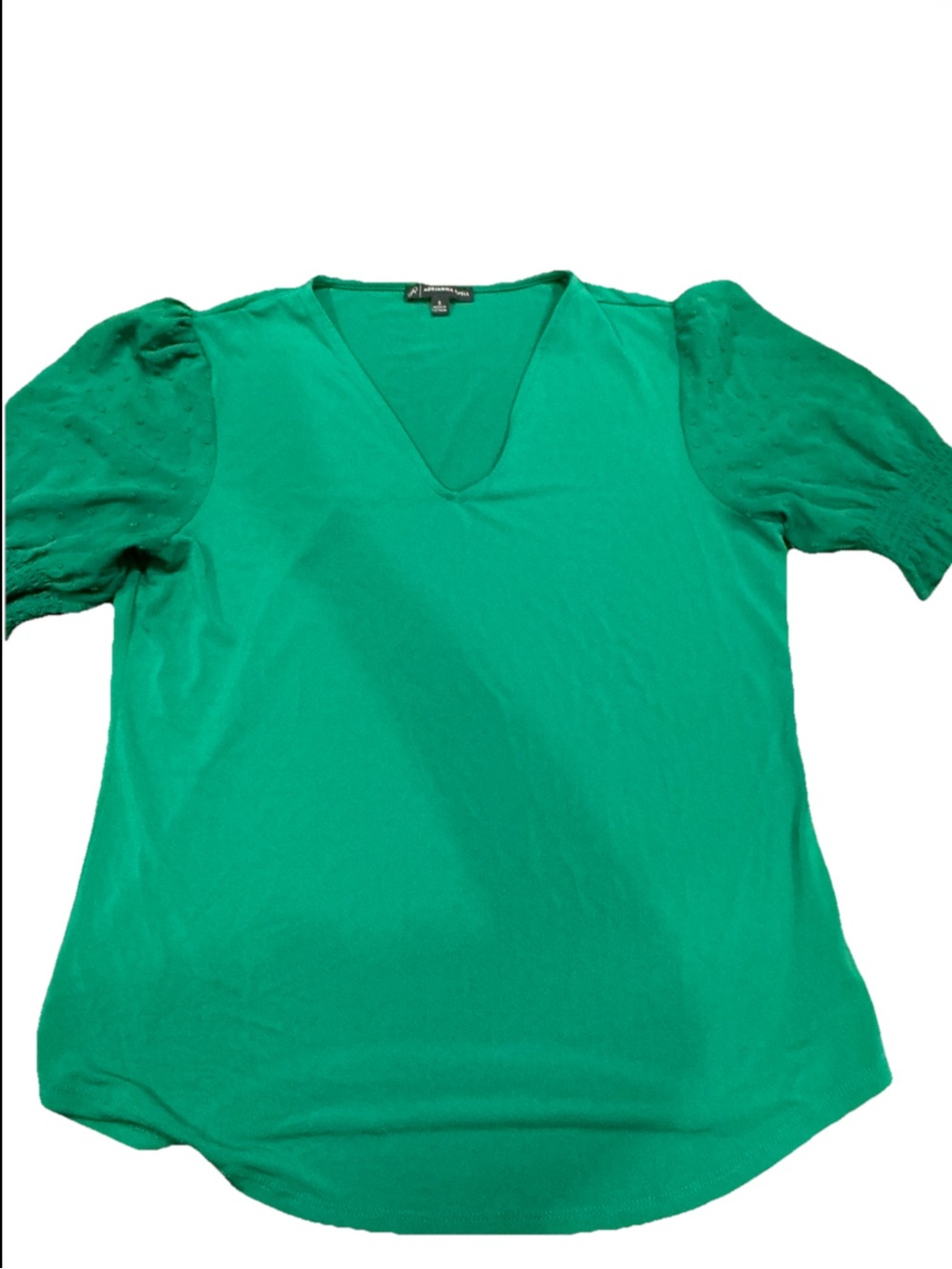 Adrianna Papell Emerald Green Puff Sleeve Blouse Women’s Small V-Neck Swiss Dot